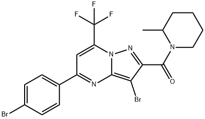 3-bromo-5-(4-bromophenyl)-2-[(2-methyl-1-piperidinyl)carbonyl]-7-(trifluoromethyl)pyrazolo[1,5-a]pyrimidine Struktur