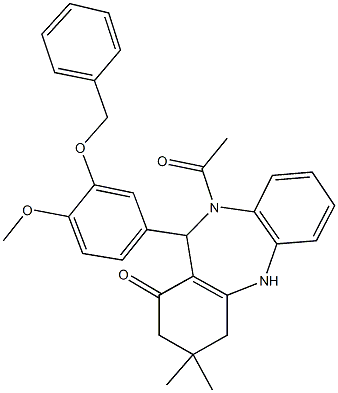 10-acetyl-11-[3-(benzyloxy)-4-methoxyphenyl]-3,3-dimethyl-2,3,4,5,10,11-hexahydro-1H-dibenzo[b,e][1,4]diazepin-1-one Struktur