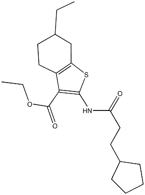 ethyl 2-[(3-cyclopentylpropanoyl)amino]-6-ethyl-4,5,6,7-tetrahydro-1-benzothiophene-3-carboxylate Struktur