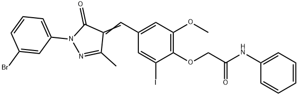 2-(4-{[1-(3-bromophenyl)-3-methyl-5-oxo-1,5-dihydro-4H-pyrazol-4-ylidene]methyl}-2-iodo-6-methoxyphenoxy)-N-phenylacetamide Struktur