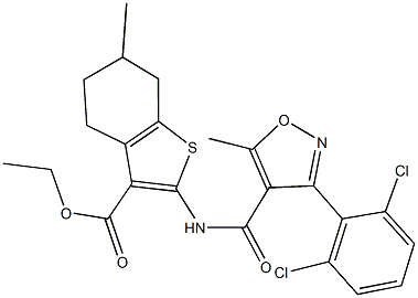 ethyl 2-({[3-(2,6-dichlorophenyl)-5-methyl-4-isoxazolyl]carbonyl}amino)-6-methyl-4,5,6,7-tetrahydro-1-benzothiophene-3-carboxylate Struktur