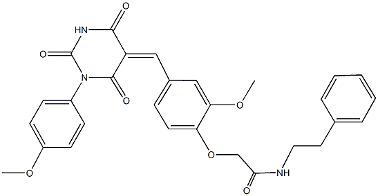 2-{2-methoxy-4-[(1-(4-methoxyphenyl)-2,4,6-trioxotetrahydro-5(2H)-pyrimidinylidene)methyl]phenoxy}-N-(2-phenylethyl)acetamide Struktur