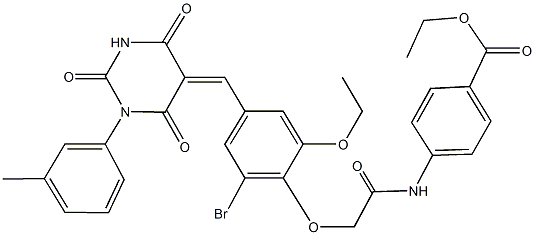 ethyl 4-[({2-bromo-6-ethoxy-4-[(1-(3-methylphenyl)-2,4,6-trioxotetrahydro-5(2H)-pyrimidinylidene)methyl]phenoxy}acetyl)amino]benzoate Struktur