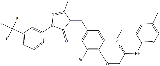 2-[2-bromo-6-methoxy-4-({3-methyl-5-oxo-1-[3-(trifluoromethyl)phenyl]-1,5-dihydro-4H-pyrazol-4-ylidene}methyl)phenoxy]-N-(4-methylphenyl)acetamide Struktur