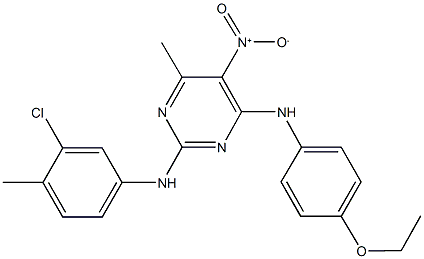 2-(3-chloro-4-methylanilino)-4-(4-ethoxyanilino)-5-nitro-6-methylpyrimidine Struktur