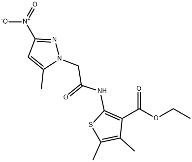 ethyl 2-[({3-nitro-5-methyl-1H-pyrazol-1-yl}acetyl)amino]-4,5-dimethyl-3-thiophenecarboxylate Struktur