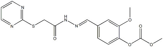 2-methoxy-4-{2-[(2-pyrimidinylsulfanyl)acetyl]carbohydrazonoyl}phenyl methyl carbonate Struktur