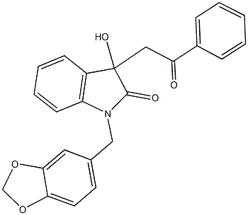 1-(1,3-benzodioxol-5-ylmethyl)-3-hydroxy-3-(2-oxo-2-phenylethyl)-1,3-dihydro-2H-indol-2-one Struktur