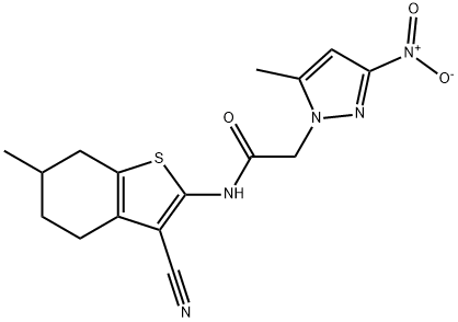 N-(3-cyano-6-methyl-4,5,6,7-tetrahydro-1-benzothien-2-yl)-2-{3-nitro-5-methyl-1H-pyrazol-1-yl}acetamide Struktur