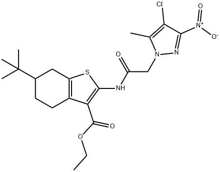 ethyl 6-tert-butyl-2-[({4-chloro-3-nitro-5-methyl-1H-pyrazol-1-yl}acetyl)amino]-4,5,6,7-tetrahydro-1-benzothiophene-3-carboxylate Struktur