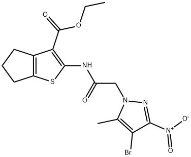 ethyl 2-[({4-bromo-3-nitro-5-methyl-1H-pyrazol-1-yl}acetyl)amino]-5,6-dihydro-4H-cyclopenta[b]thiophene-3-carboxylate Struktur