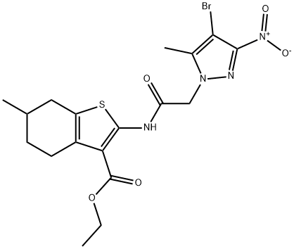 ethyl 2-[({4-bromo-3-nitro-5-methyl-1H-pyrazol-1-yl}acetyl)amino]-6-methyl-4,5,6,7-tetrahydro-1-benzothiophene-3-carboxylate Struktur