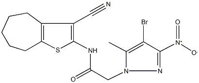 2-{4-bromo-3-nitro-5-methyl-1H-pyrazol-1-yl}-N-(3-cyano-5,6,7,8-tetrahydro-4H-cyclohepta[b]thien-2-yl)acetamide Struktur