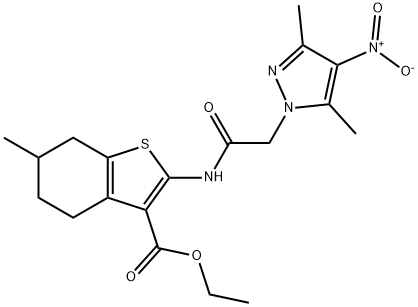 ethyl 2-[({4-nitro-3,5-dimethyl-1H-pyrazol-1-yl}acetyl)amino]-6-methyl-4,5,6,7-tetrahydro-1-benzothiophene-3-carboxylate Struktur