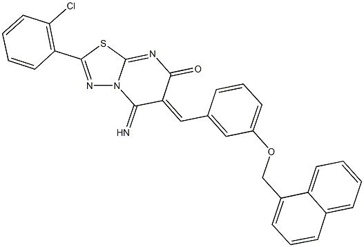 2-(2-chlorophenyl)-5-imino-6-[3-(1-naphthylmethoxy)benzylidene]-5,6-dihydro-7H-[1,3,4]thiadiazolo[3,2-a]pyrimidin-7-one Struktur