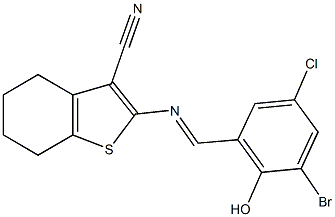 2-[(3-bromo-5-chloro-2-hydroxybenzylidene)amino]-4,5,6,7-tetrahydro-1-benzothiophene-3-carbonitrile Struktur