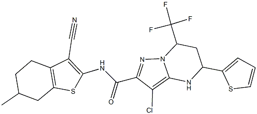 3-chloro-N-(3-cyano-6-methyl-4,5,6,7-tetrahydro-1-benzothien-2-yl)-5-(2-thienyl)-7-(trifluoromethyl)-4,5,6,7-tetrahydropyrazolo[1,5-a]pyrimidine-2-carboxamide Struktur