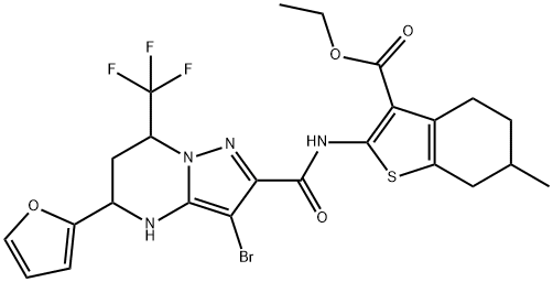 ethyl 2-({[3-bromo-5-(2-furyl)-7-(trifluoromethyl)-4,5,6,7-tetrahydropyrazolo[1,5-a]pyrimidin-2-yl]carbonyl}amino)-6-methyl-4,5,6,7-tetrahydro-1-benzothiophene-3-carboxylate Struktur