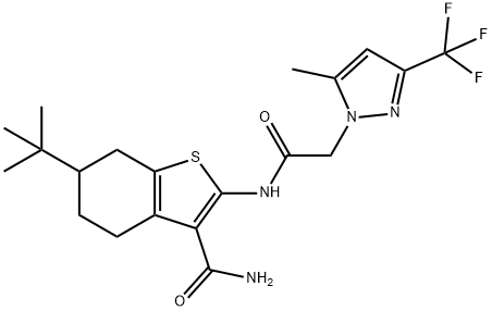 6-tert-butyl-2-({[5-methyl-3-(trifluoromethyl)-1H-pyrazol-1-yl]acetyl}amino)-4,5,6,7-tetrahydro-1-benzothiophene-3-carboxamide Struktur