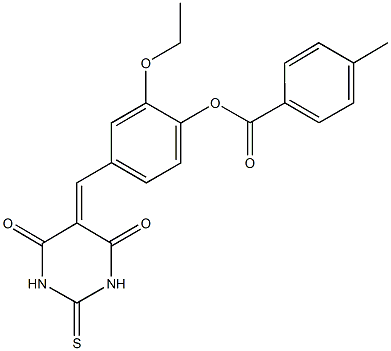 4-[(4,6-dioxo-2-thioxotetrahydro-5(2H)-pyrimidinylidene)methyl]-2-ethoxyphenyl 4-methylbenzoate Struktur