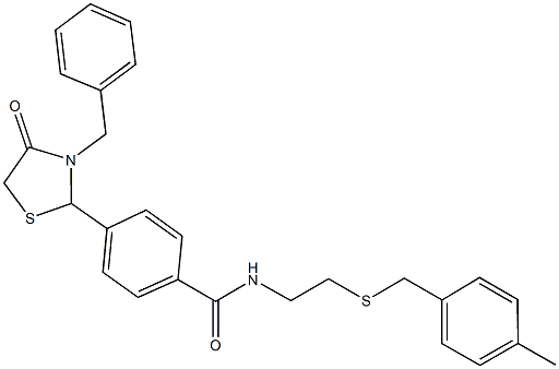 N-(2-{[(4-methylphenyl)methyl]sulfanyl}ethyl)-4-[4-oxo-3-(phenylmethyl)-1,3-thiazolidin-2-yl]benzamide Struktur