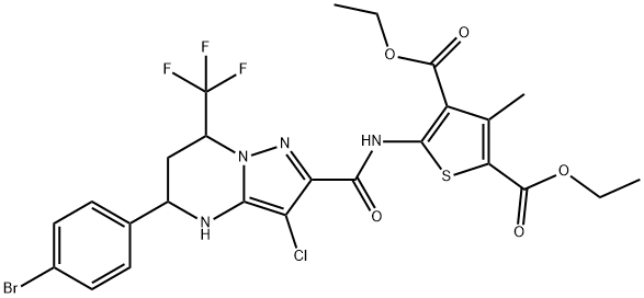 diethyl 5-({[5-(4-bromophenyl)-3-chloro-7-(trifluoromethyl)-4,5,6,7-tetrahydropyrazolo[1,5-a]pyrimidin-2-yl]carbonyl}amino)-3-methyl-2,4-thiophenedicarboxylate Struktur