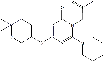 6,6-dimethyl-3-(2-methyl-2-propenyl)-2-(pentylsulfanyl)-3,5,6,8-tetrahydro-4H-pyrano[4',3':4,5]thieno[2,3-d]pyrimidin-4-one Struktur