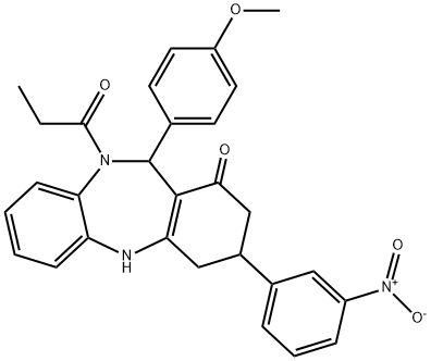 3-{3-nitrophenyl}-11-(4-methoxyphenyl)-10-propionyl-2,3,4,5,10,11-hexahydro-1H-dibenzo[b,e][1,4]diazepin-1-one Struktur