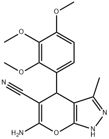 6-amino-3-methyl-4-[2,3,4-tris(methyloxy)phenyl]-1,4-dihydropyrano[2,3-c]pyrazole-5-carbonitrile Struktur