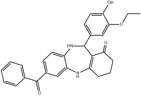 7-benzoyl-11-(3-ethoxy-4-hydroxyphenyl)-2,3,4,5,10,11-hexahydro-1H-dibenzo[b,e][1,4]diazepin-1-one Struktur