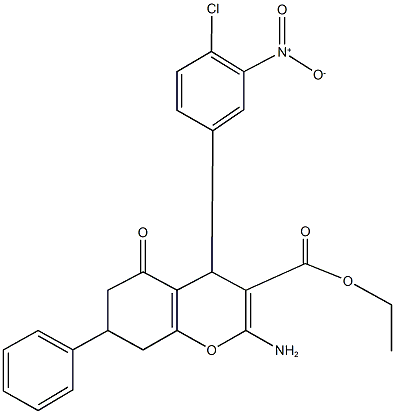 ethyl 2-amino-4-{4-chloro-3-nitrophenyl}-5-oxo-7-phenyl-5,6,7,8-tetrahydro-4H-chromene-3-carboxylate Struktur