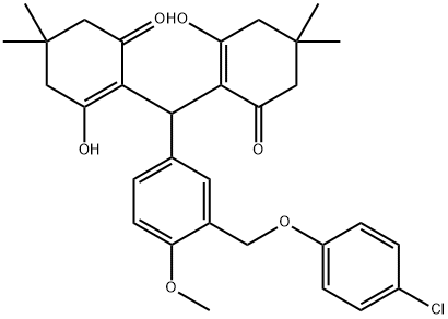 2-[{3-[(4-chlorophenoxy)methyl]-4-methoxyphenyl}(2-hydroxy-4,4-dimethyl-6-oxo-1-cyclohexen-1-yl)methyl]-3-hydroxy-5,5-dimethyl-2-cyclohexen-1-one Struktur