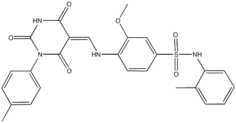 3-methoxy-N-(2-methylphenyl)-4-{[(1-(4-methylphenyl)-2,4,6-trioxotetrahydro-5(2H)-pyrimidinylidene)methyl]amino}benzenesulfonamide Struktur