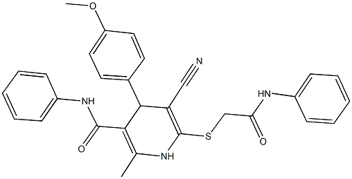 6-[(2-anilino-2-oxoethyl)sulfanyl]-5-cyano-4-(4-methoxyphenyl)-2-methyl-N-phenyl-1,4-dihydropyridine-3-carboxamide Struktur