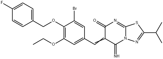 6-{3-bromo-5-ethoxy-4-[(4-fluorobenzyl)oxy]benzylidene}-5-imino-2-isopropyl-5,6-dihydro-7H-[1,3,4]thiadiazolo[3,2-a]pyrimidin-7-one Struktur