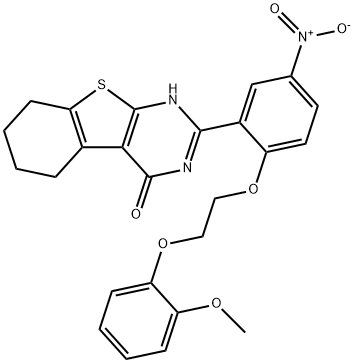 2-{5-nitro-2-[2-(2-methoxyphenoxy)ethoxy]phenyl}-5,6,7,8-tetrahydro[1]benzothieno[2,3-d]pyrimidin-4(3H)-one Struktur