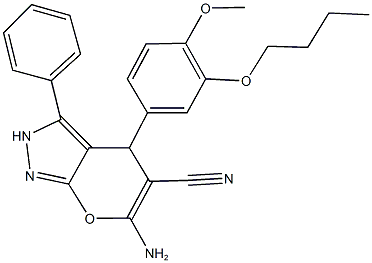 6-amino-4-(3-butoxy-4-methoxyphenyl)-3-phenyl-2,4-dihydropyrano[2,3-c]pyrazole-5-carbonitrile Struktur