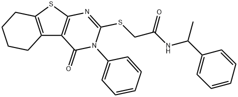 2-[(4-oxo-3-phenyl-3,4,5,6,7,8-hexahydro[1]benzothieno[2,3-d]pyrimidin-2-yl)sulfanyl]-N-(1-phenylethyl)acetamide Struktur