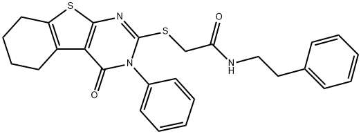 2-[(4-oxo-3-phenyl-3,4,5,6,7,8-hexahydro[1]benzothieno[2,3-d]pyrimidin-2-yl)sulfanyl]-N-(2-phenylethyl)acetamide Struktur