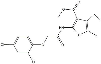 methyl 2-{[(2,4-dichlorophenoxy)acetyl]amino}-4-ethyl-5-methyl-3-thiophenecarboxylate Struktur