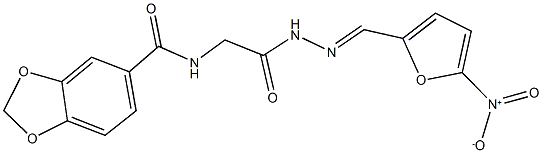 N-{2-[2-({5-nitro-2-furyl}methylene)hydrazino]-2-oxoethyl}-1,3-benzodioxole-5-carboxamide Struktur