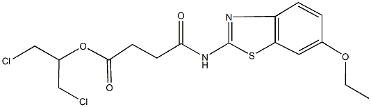 2-chloro-1-(chloromethyl)ethyl 4-[(6-ethoxy-1,3-benzothiazol-2-yl)amino]-4-oxobutanoate Struktur