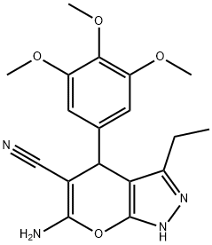 6-amino-3-ethyl-4-[3,4,5-tris(methyloxy)phenyl]-2,4-dihydropyrano[2,3-c]pyrazole-5-carbonitrile Struktur