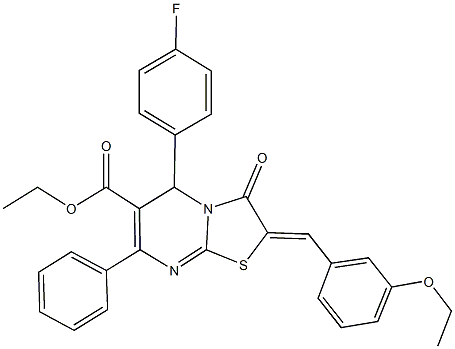 ethyl 2-(3-ethoxybenzylidene)-5-(4-fluorophenyl)-3-oxo-7-phenyl-2,3-dihydro-5H-[1,3]thiazolo[3,2-a]pyrimidine-6-carboxylate Struktur