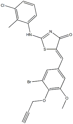 5-[3-bromo-5-methoxy-4-(2-propynyloxy)benzylidene]-2-(3-chloro-2-methylanilino)-1,3-thiazol-4(5H)-one Struktur