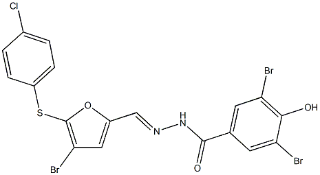 3,5-dibromo-N'-({4-bromo-5-[(4-chlorophenyl)sulfanyl]-2-furyl}methylene)-4-hydroxybenzohydrazide Struktur