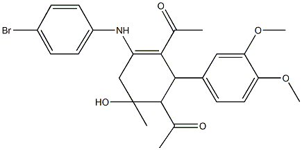 1-[3-acetyl-4-(4-bromoanilino)-2-(3,4-dimethoxyphenyl)-6-hydroxy-6-methyl-3-cyclohexen-1-yl]ethanone Struktur