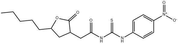 N-{4-nitrophenyl}-N'-[(2-oxo-5-pentyltetrahydro-3-furanyl)acetyl]thiourea Struktur