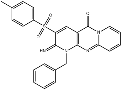 1-benzyl-2-imino-3-[(4-methylphenyl)sulfonyl]-1,2-dihydro-5H-dipyrido[1,2-a:2,3-d]pyrimidin-5-one Struktur