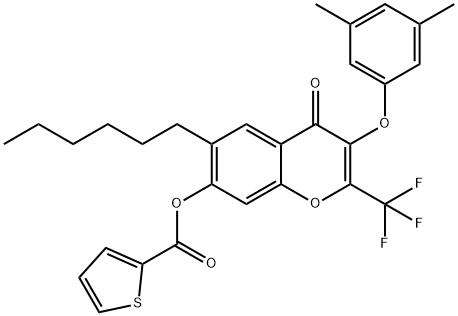 3-(3,5-dimethylphenoxy)-6-hexyl-4-oxo-2-(trifluoromethyl)-4H-chromen-7-yl 2-thiophenecarboxylate Struktur